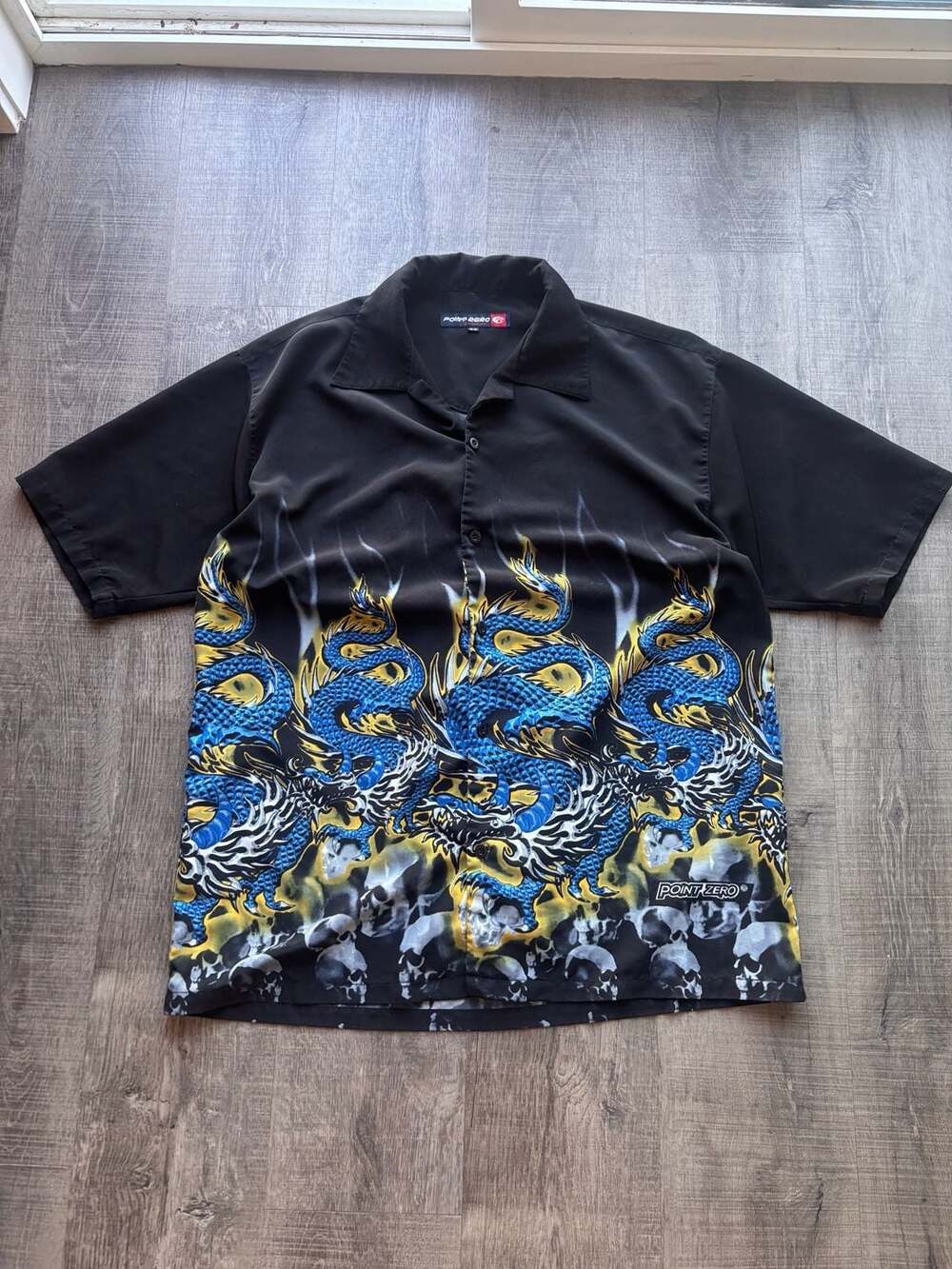 Vintage Point Zero Dragon Flames Skulls Short Sleeve Button Up Shirt Medium